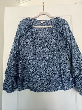 J. Crew Women's Blue Floral Ruffle Long-Sleeve Top